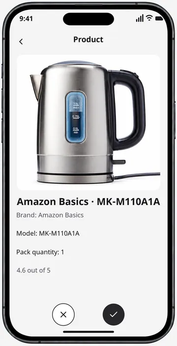 Product photo, model information and Amazon actions in the app